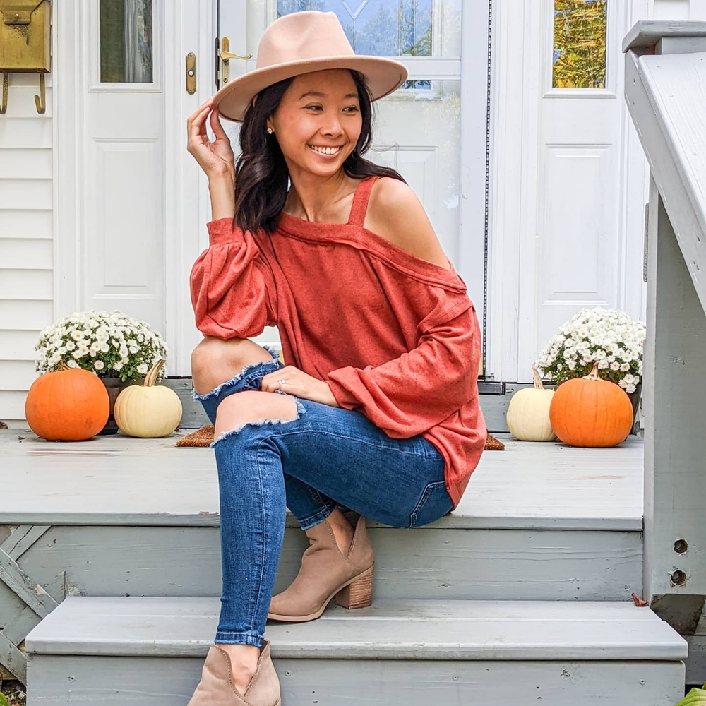 Rust Orange Shoulder Cut Out Long Sleeve Top